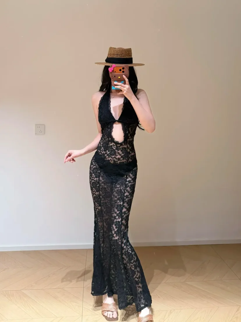 セクシーなピュアデザイアビキニ3点セット-ネックハンギングレースフィッシュテール-バケーション向け高級セクシー水着-スイートスタイルカジュアル水着