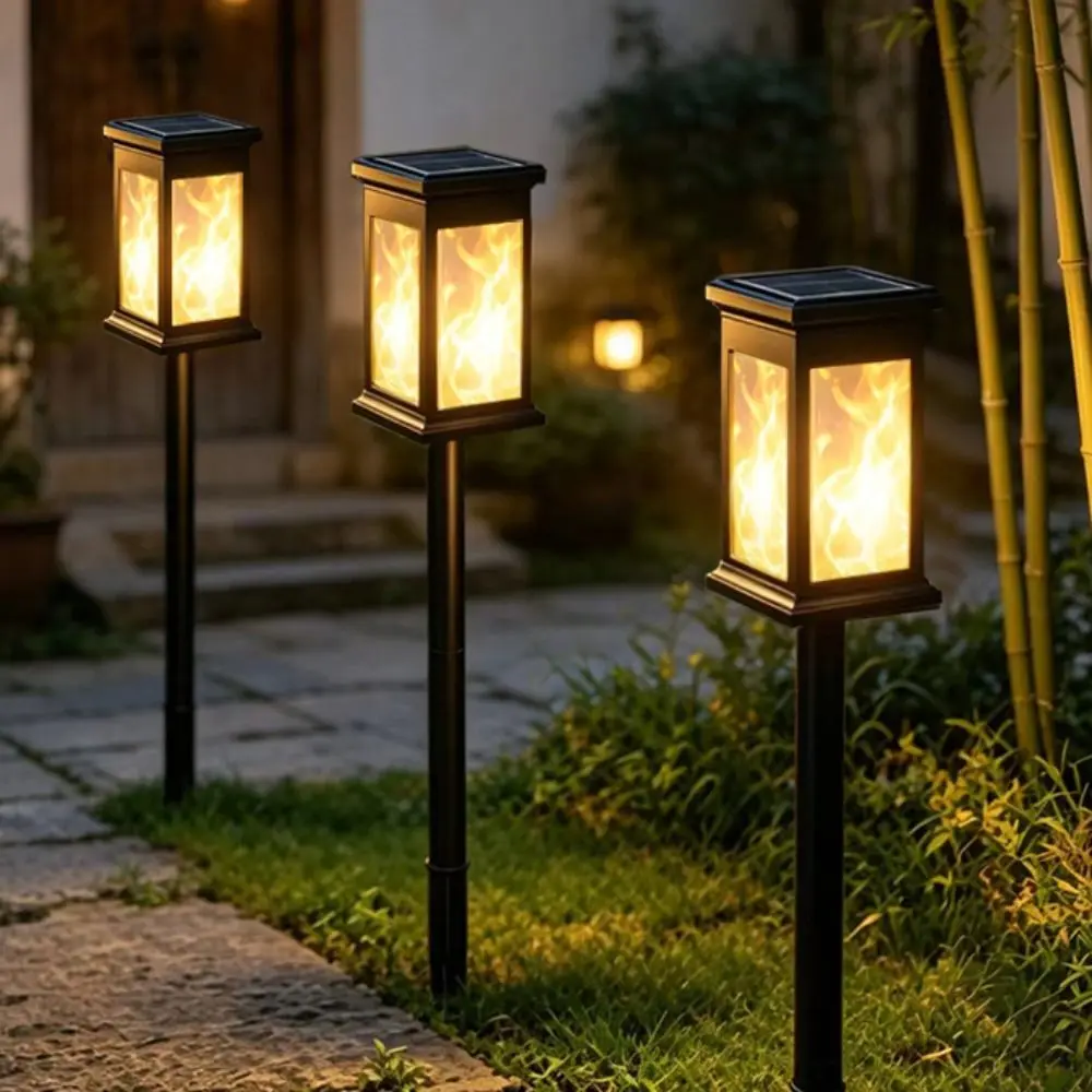 Waterproof Solar Pathway Lights Simulated Flames Flickering Flame Garden Path Light Adjustable Height IP65 Waterproof