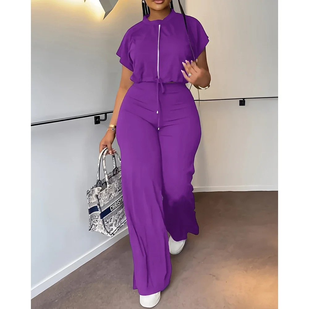 Women Casual Round Neck Drawstring Sleeveless Top & High Waist Pants Set Female Solid Two Piece Suit Sets Outfits Set Summer