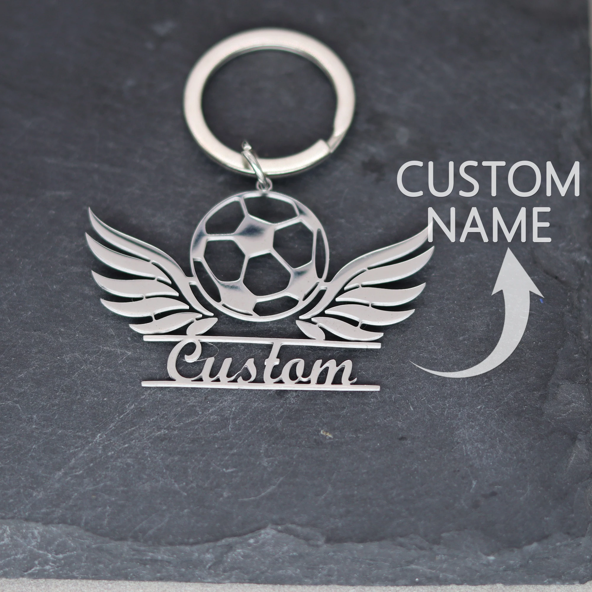 Custom Name Football Soccer Wings Keychain Car Keyring Stainless Steel Bag Accessories for Football Lover Personalized Jewelry