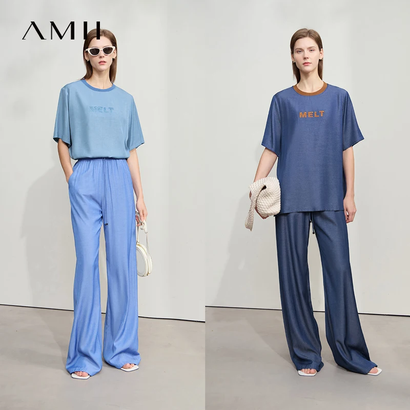 Amii Minimalist Women T-shirt Size 2025 Summer New Letter Embroidered TR Denim Loose Office Lady Slim Colorblocked Tops 12522017