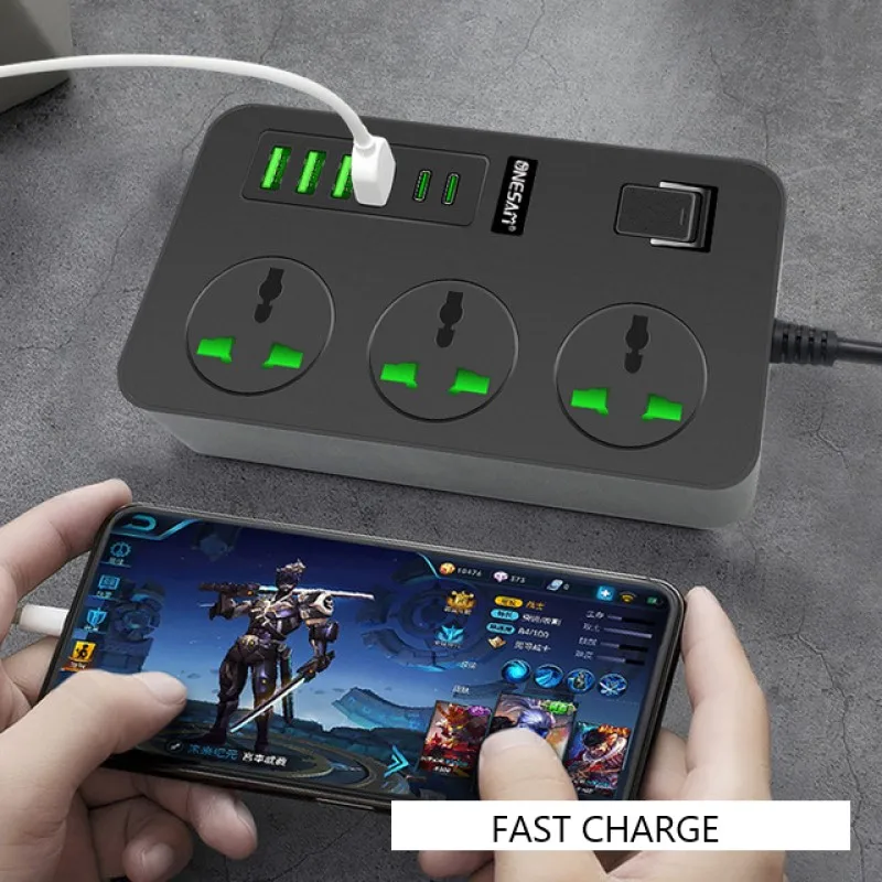 US EU UK 3 Ports 2 PD Type C 4 USB Fast Charger 2.1A 5V 3000W Universal Outlets Power Strip for Residential Commercial