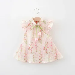 Summer Tulip Cheongsam Baby Girl Dress Cute Chinese Style Small Flying Sleeves Fragmented Embroidered Girl Dress