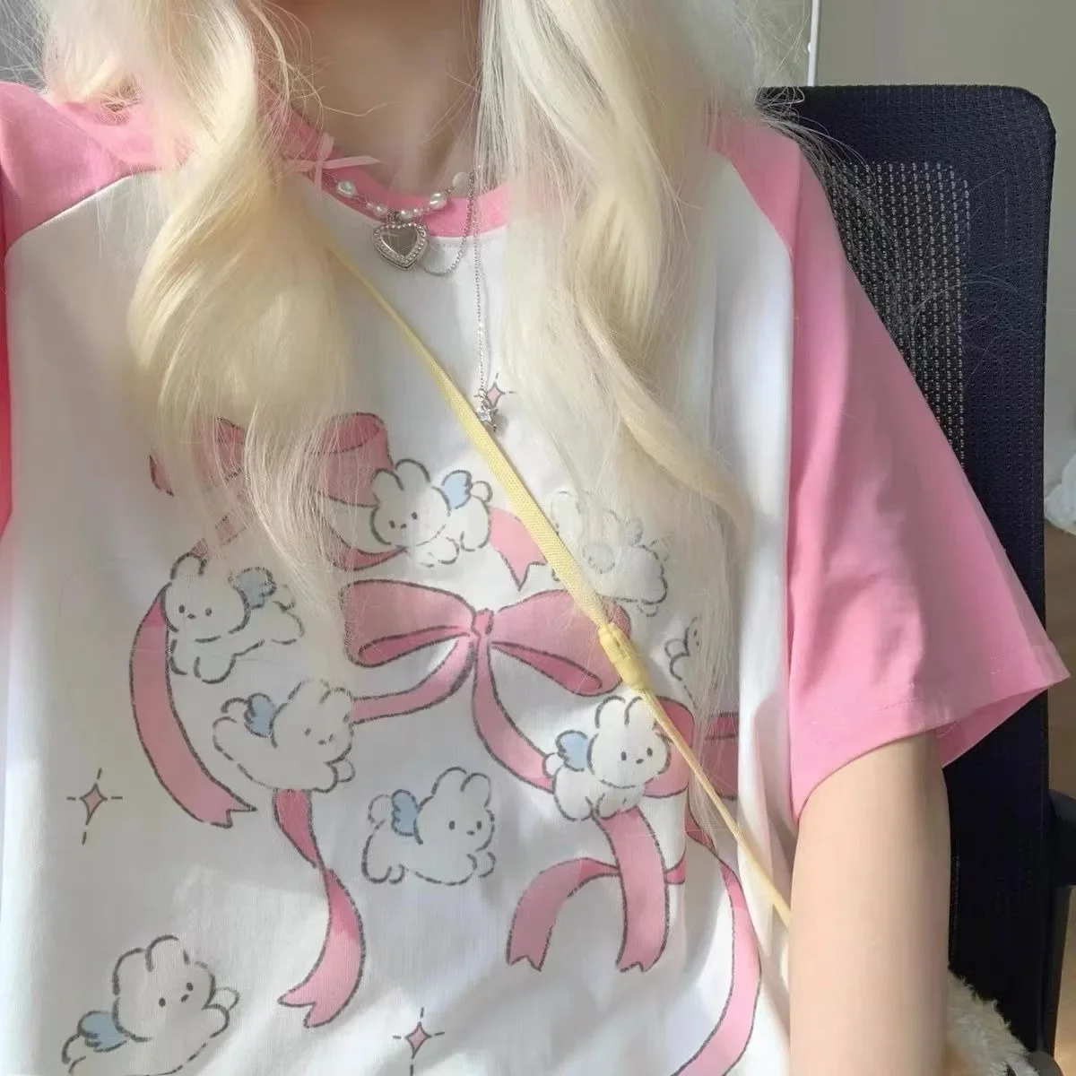 Cute Style Sweet Print Daily Wear Short Sleeve Rabbit pattern Spliced T-shirt Women's casual white Loose Casual Top trend