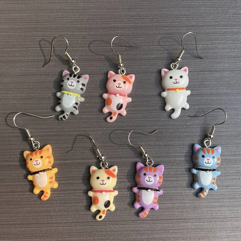 1Pair/3Pairs Cute Bell Spotted Cat Drop Earrings For Women Friend Cartoon Lovely Colored Kitty Animal Pendant Earring Jewelry