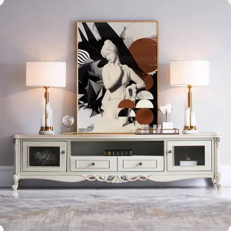Mueble de TV Estrecho de Lujo Europeo, Soporte de TV Blanco Largo Estilo Nórdico Vintage, Mueble de Almacenamiento para Sala de Estar, Mueble Televisor para el Hogar