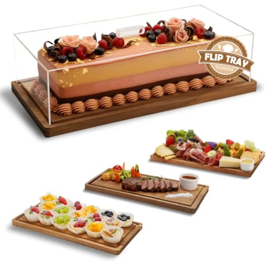 

15-25 Year-old Acacia Wood Cake Stand and Acrylic Lid 2-in-1 Charcuterie Table Display Set Wooden Dessert Board with Cover Rect