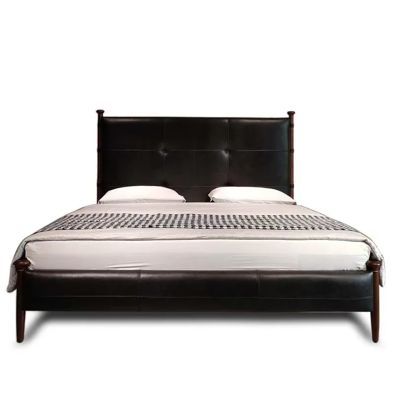 

Medieval leather sycamore bed French retro black master bedroom first layer cowhide Italian minimalist solid wood master