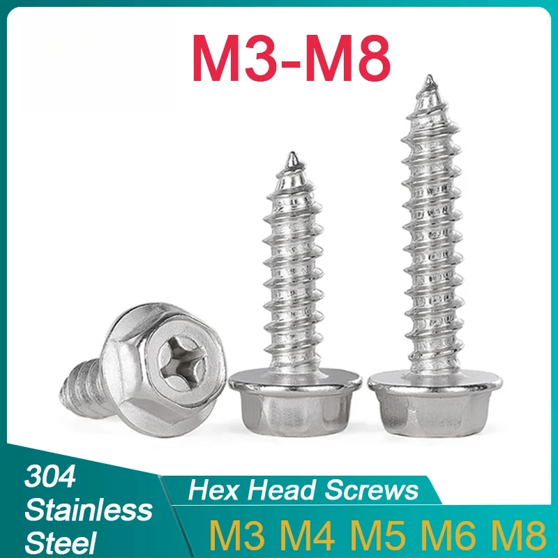 Phillips Cross Driving Hexagon Hex Head Flange Self Tapping Screws With Washer304 Stainless Steel M3 M4 M5 M6 M8