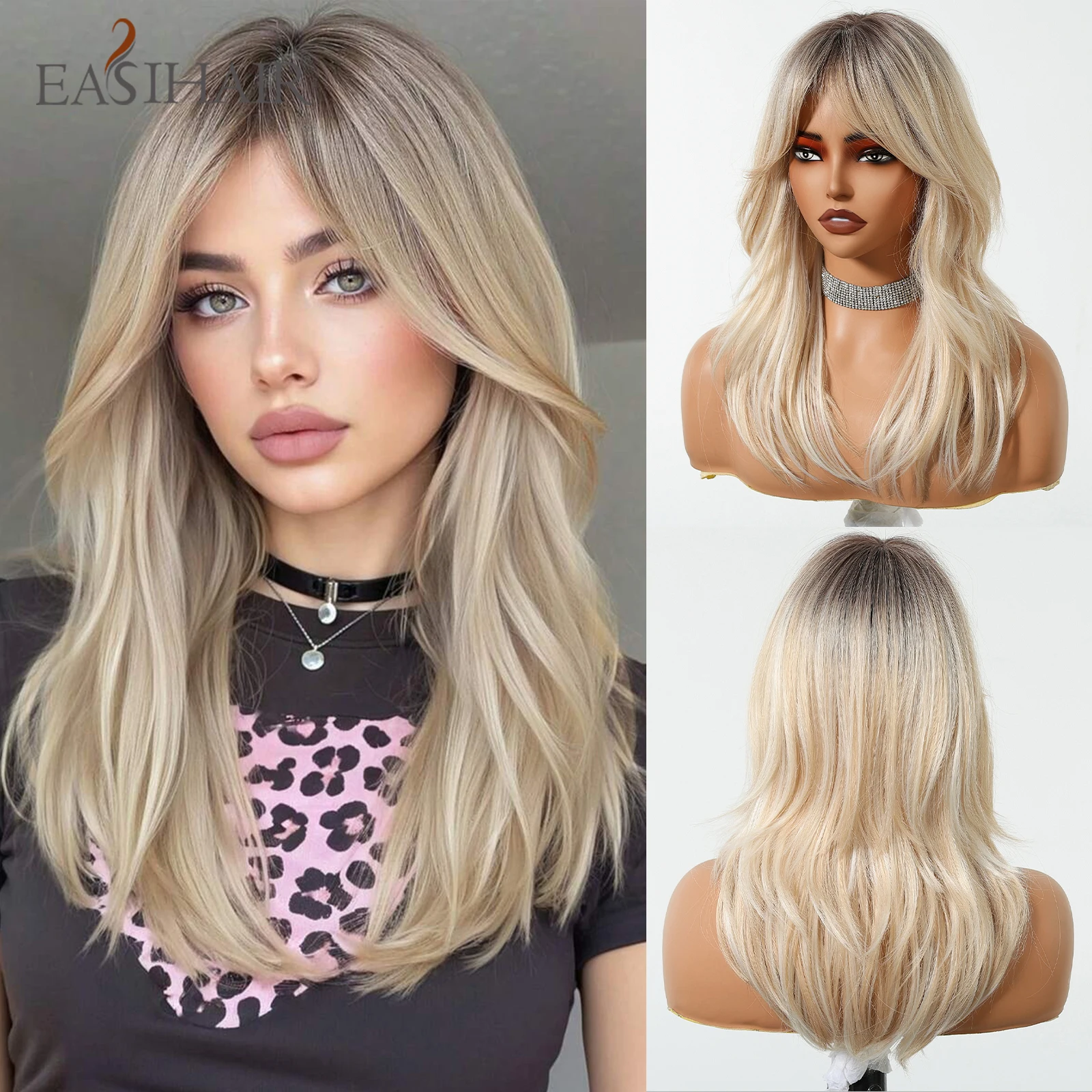 

EASIHAIR Ombre Коричневые Блондинки Синтетические Парики С Челкой для Женщин Волнистые Парики Средней Длины Ежедневного Использования Косплей Термостойкие Натуральные