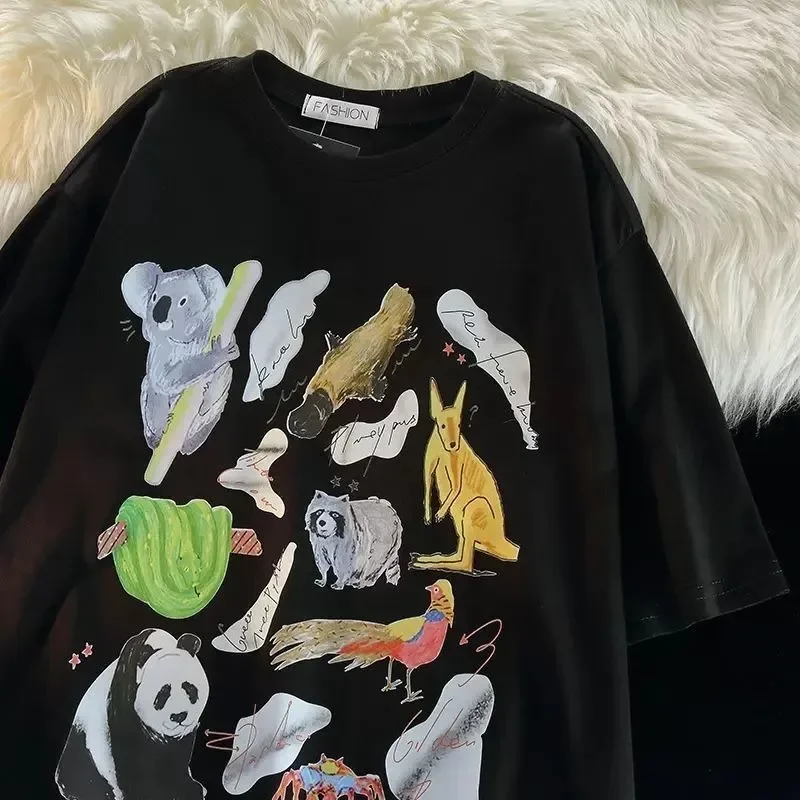 American Vintage Cartoon Funny Small Animal Print Short Sleeve T-shirt for Men and Women Summer Loose Versatile Half Sleeve Top
