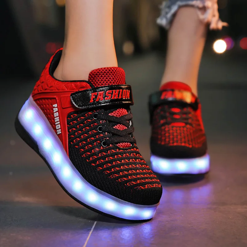 Roller Sneakers for Kids Boys Size 28-40 LED Light Up Shoes with Double Wheels USB Charging Skate Shoes for Children Boys Girls