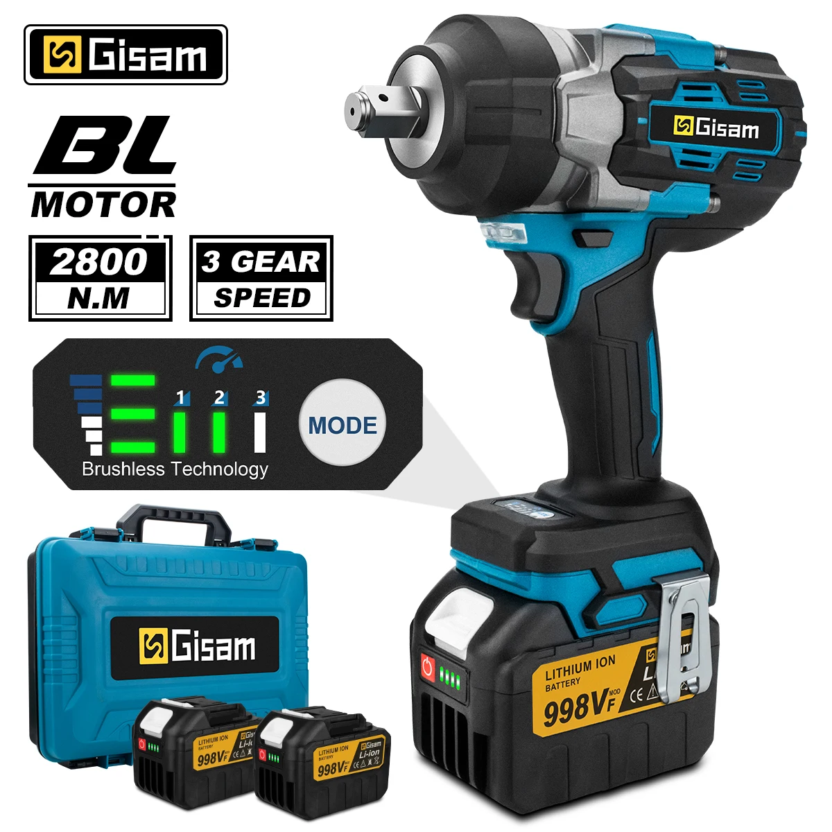 Gisam 2800N.M Torque Brushless Electric Impact Wrench 1/2 inch Screwdriver Cordless Wrench Power Tools For Makita 18V Battery