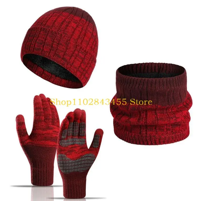 49MC Men Women Winter 3 Pieces Knitted Beanie Hat Scarf Non-Slip for Touch Screen Gloves Set Thicken Thermal Plush Lined Skull
