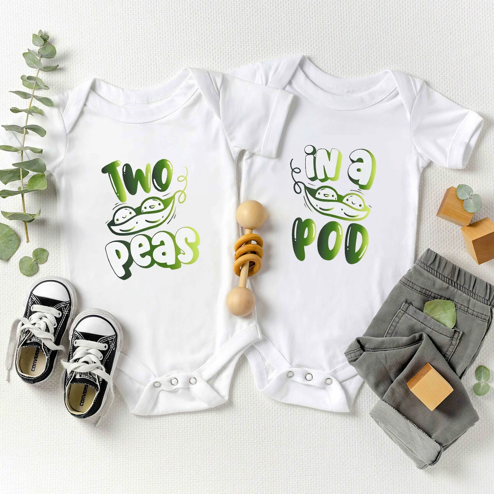 Two Peas In A Pod Cute Twin Clothes Baby Boys Girls Onesies Cartoon Fashion Hot Sale Cotton Newborn Bodysuits Toddler Outfits