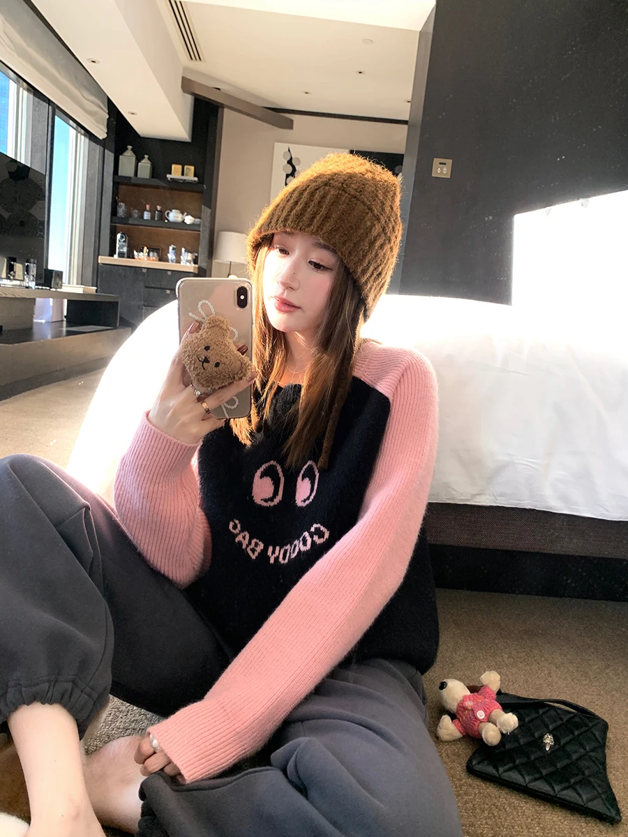 

Вязаный свитер YANUOYU Cherry Mousse Color Block для женщин, свободный крой, длинный рукав, круглый вырез, пуловер, зимний свитер