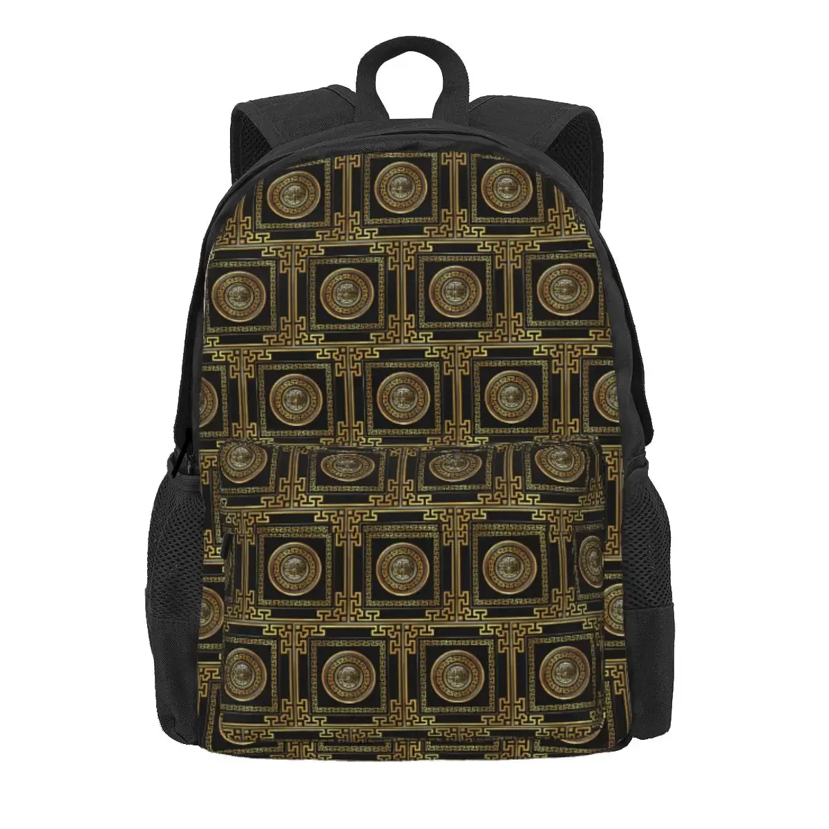 Griechischer Schlüsselmuster-Rucksack in Schwarz-Gold, Großer Tagesrucksack mit Hoher Kapazität, Schulranzen für Kinder, Schultertaschen für Männer und Frauen