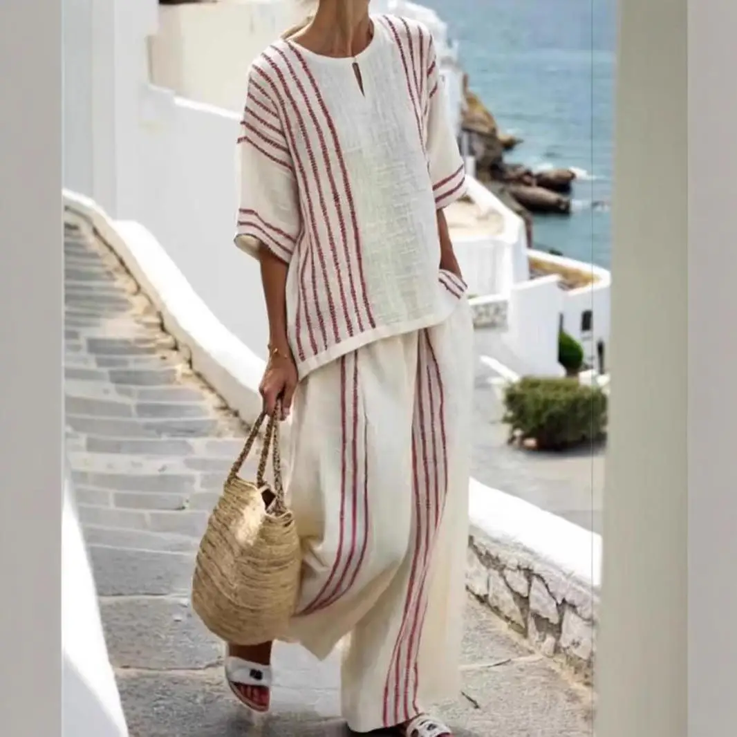 طقم بلوزات وسراويل نسائية كاجوال من القطن والكتان طقم ملابس صيفي مخطط فضفاض مناسب مكون من قطعتين #4