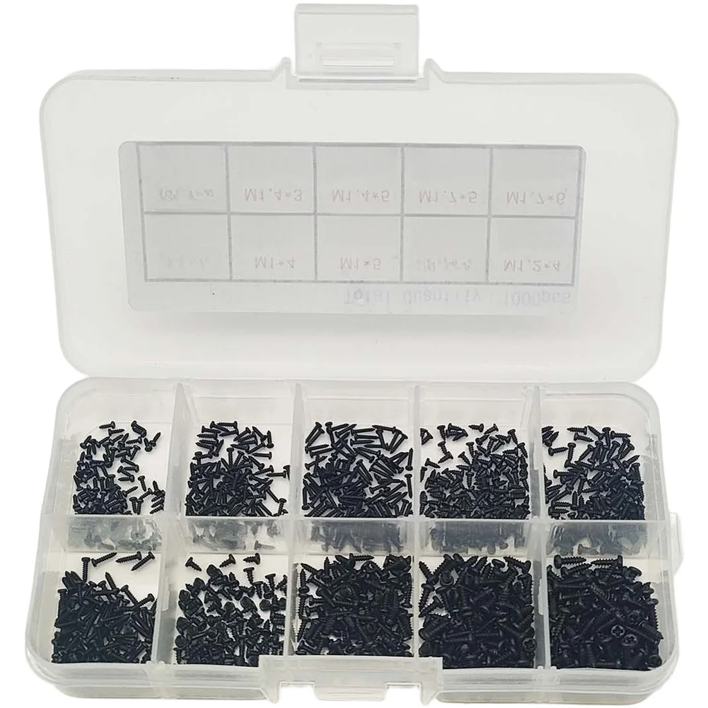 Self-tapping Screw Pack M1 M1.2 M1.4 M1.7 1000 pcs Carbon Steel with Organized Transparent Storage Box for Workshop Efficiency