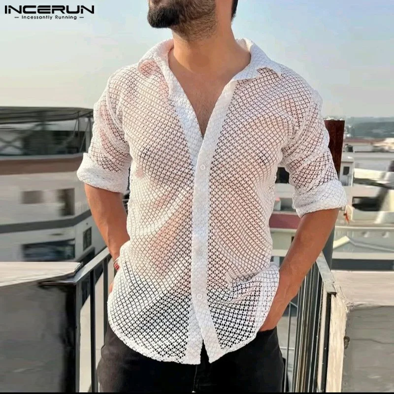 

INCERUN Tops 2024 American Style Fashion Men's Lace Hollowed Design Shirts Casual Party Show Male Thin Long Sleeved Blouse S-5XL