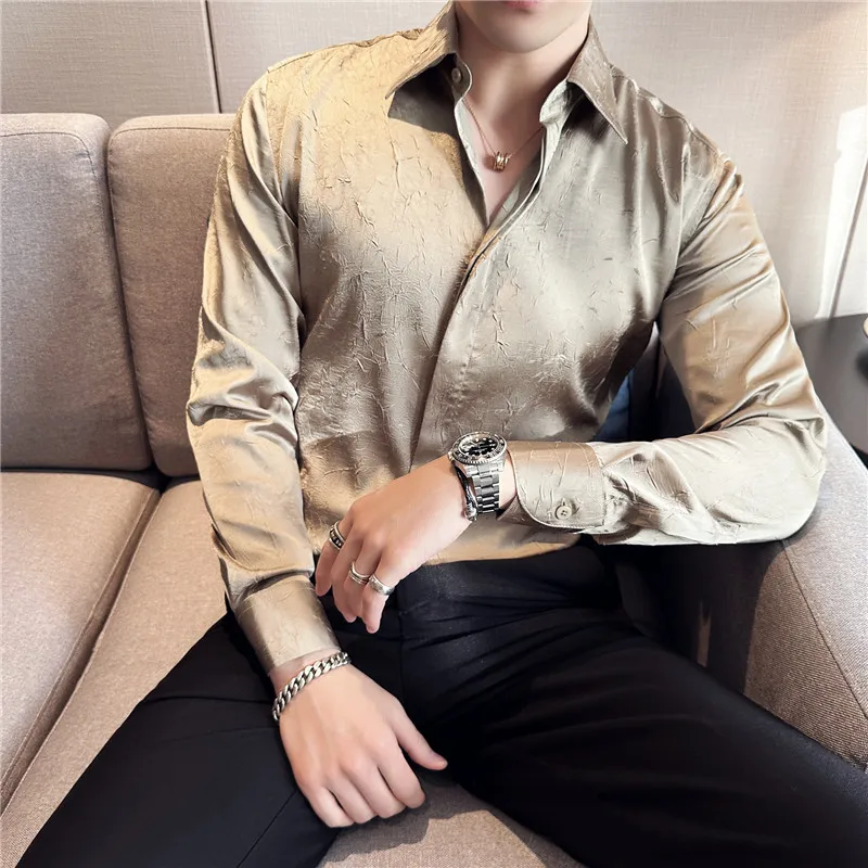 

Long Sleeve Dress Shirts For Men Clothing 2023 Top Quality Fashion Fold Design Ice Silk Business Casual Slim Formal Wear Tuxedo