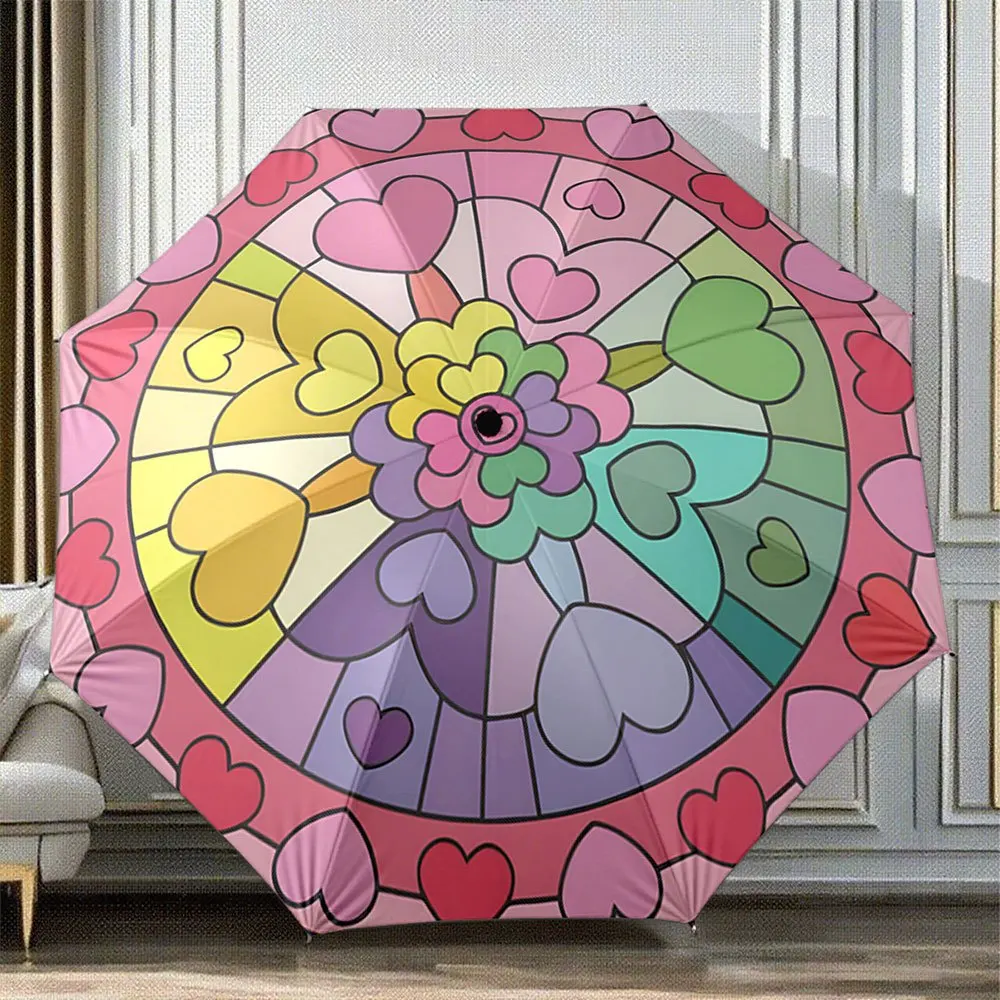 

Open/Close Portable Folding Umbrella with Stained Glass Heart & Colorful Petal Design - Folding Mechanism, Compact Travel Umbr