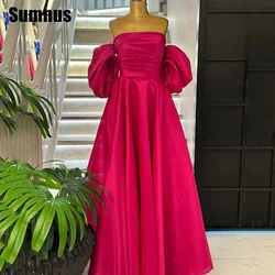 Sumnus Fuchsia Prom Dresses Elegant Pleats Satin Off  Shoulder Puffy Sleeves Formal Party Women Evening Gowns Vestidos De Noche