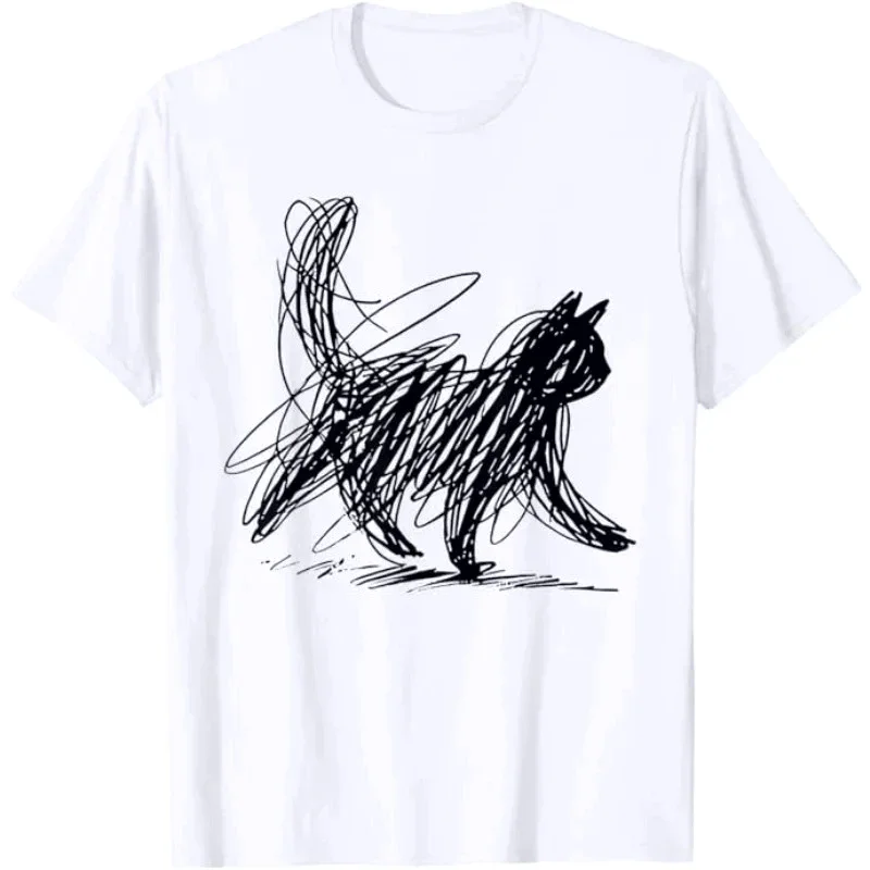 Trendy Streetwear Minimalist Cat Art T Shirt W Funny Tee Casual Summer Humor Short Sleeve Cat Lovers Gifts Vintage Y2k Top