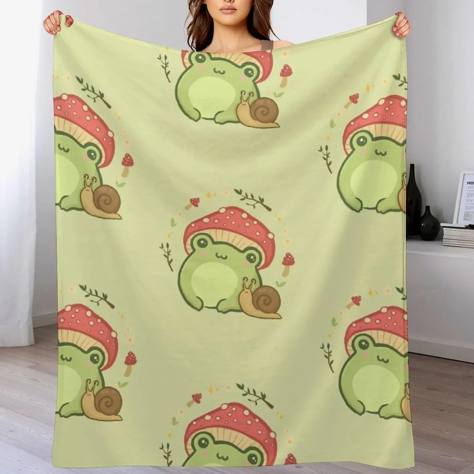 

Super Cute Kawaii Frog with Toadstool Mushroom Hat Snail - Cottagecore Aesthetic Forggy Mushrooms - Amanita Muscar Throw Blanket