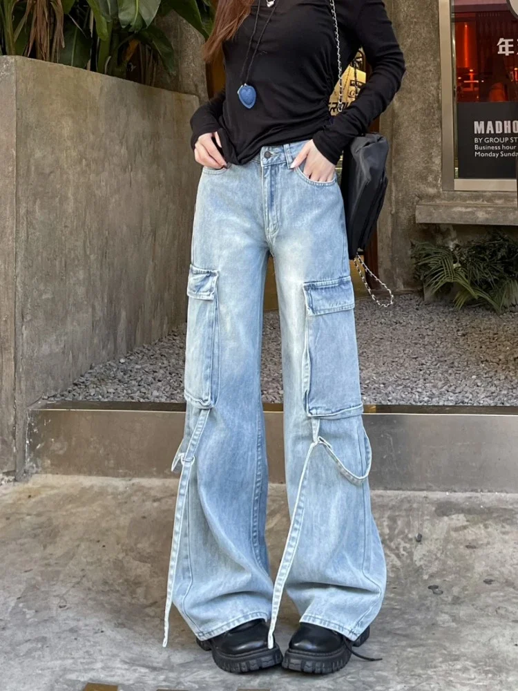

Blue Washed Cargo Jeans Female New Large Pockets Bandage Loose Trousers Fashion High Waist Wide Leg Denim Pants Streetwear Mujer