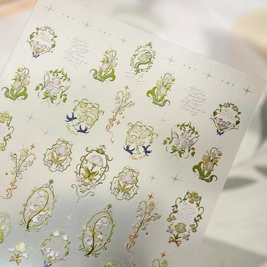 은방울꽃 꽃다발 녹색 포도 나무 리본 Bowknot 5D 부조 자기 접착제 네일 아트 장식 스티커 3D 매니큐어 데칼