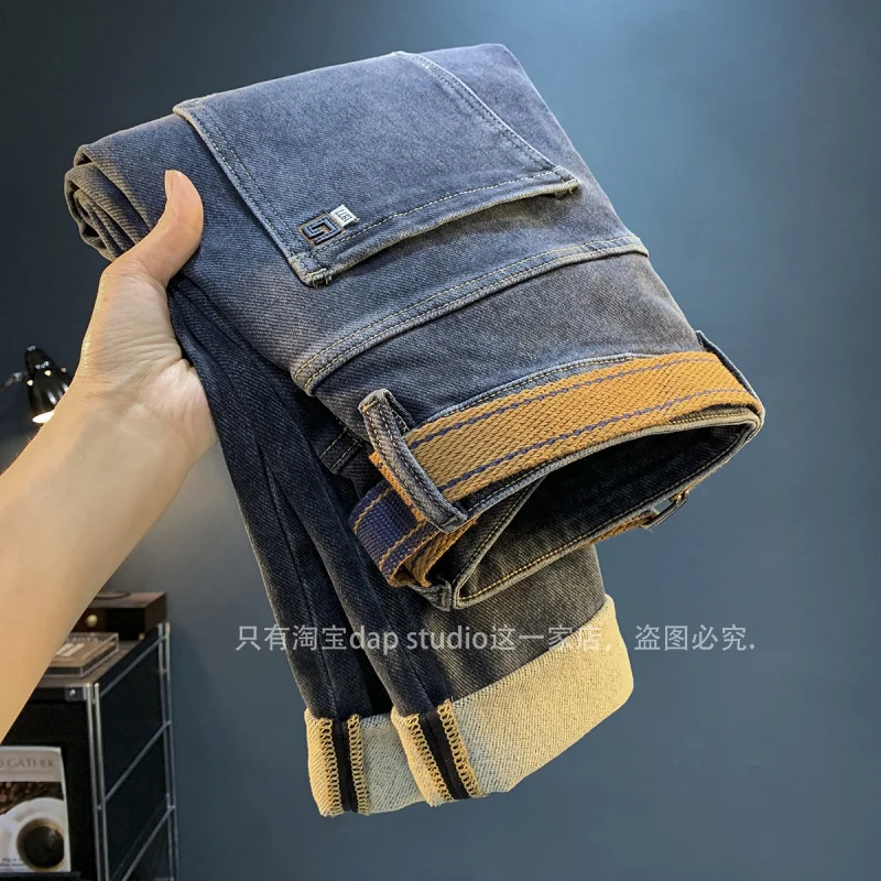 

High-End Affordable Luxury Men's Jeans Fleece-lined Thick Winter Trendy Warm Thick Fleece Casual Matching Belt Trousers