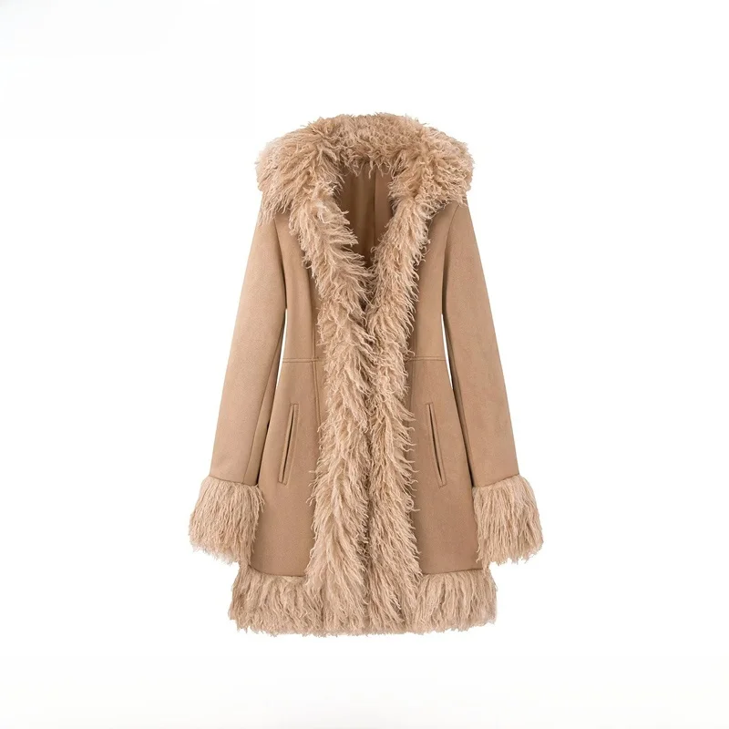 

Новое женское модное замшевое пальто EVEA с меховыми вставками, средней длины, зимнее, повседневное, утепленное, из полиэфирного волокна, без воротника, с капюшоном