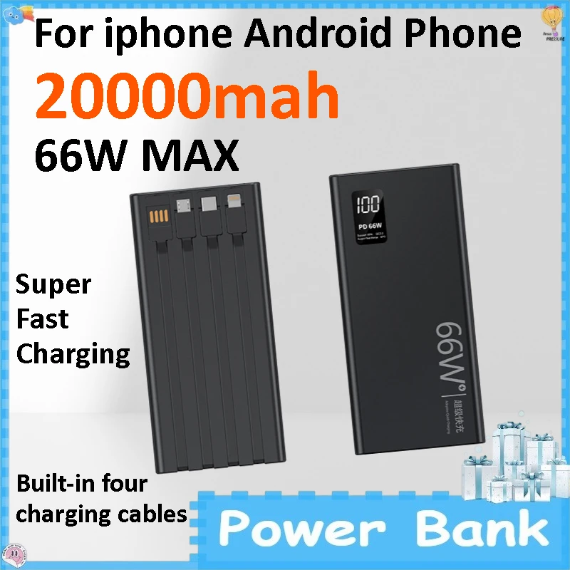 

66W Fast Charge 20000mAh Power Bank Built-in Wire Portable External Battery Long Endurance For iPhone Android Phone
