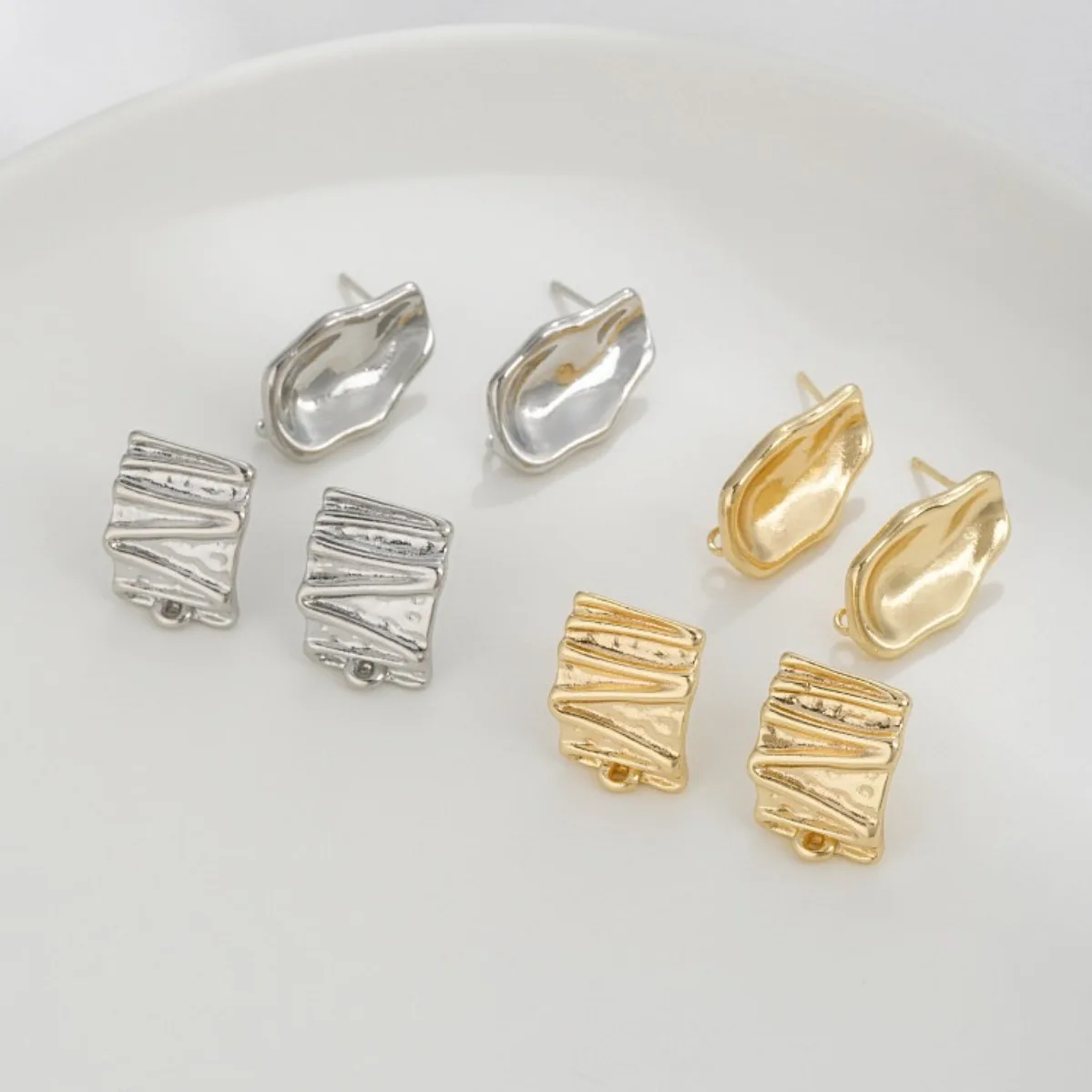 Brass Gold Plated Wrinkle Texture Irregular Concave Stud With Hanging Loop DIY Handmade Dangle Earring Jewelry Findings