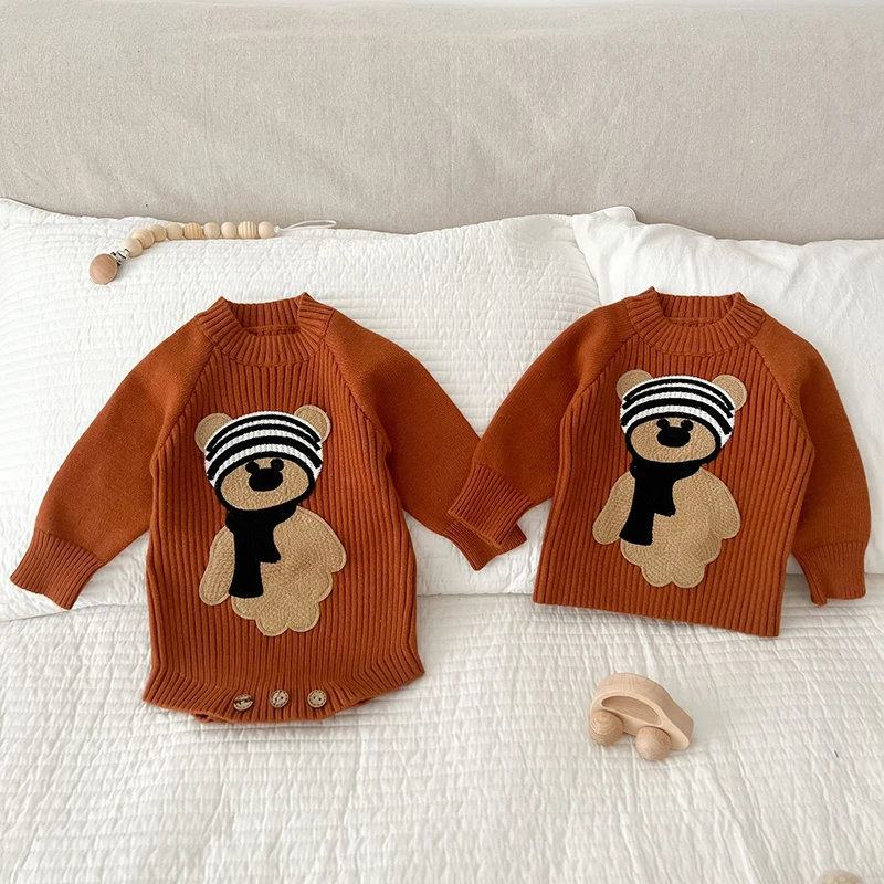 

2023 Spring Baby Sweater Knitted Baby Boy Girl Clothes Cartoon Bear Baby Romper Cotton Long-sleeved Baby Sweater Baby Clothing