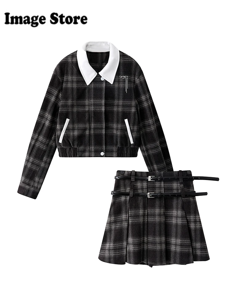 Winter Damen Vintage Shoujo Girl Preppy 2000er Jahre College Outfits 2-teiliges Set Langarm karierte Jacke Mantel + Y2k Mini Faltenrock