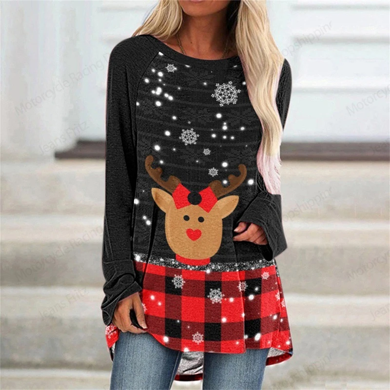 2025 New Christmas Santa Claus 3d Print Long Sleeve T-shirt Women Fashion Crewneck Red Long Tunic Tops Womens T shirt Gifts