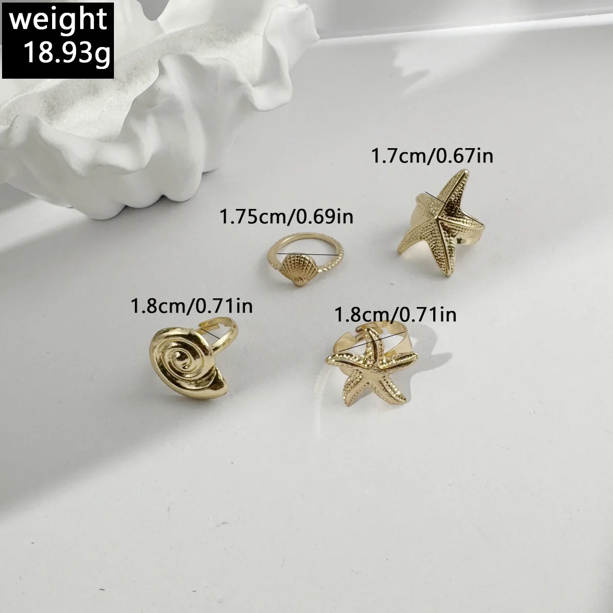 Tocona 4PCS Bohemian Gold Color Metal Starfish Open Ring Set Suitable for Summer Women's Parties Gift Adjustable Jewelry
