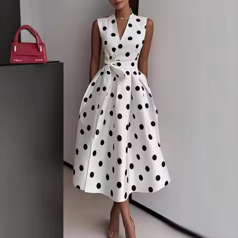 New Women's Polka Dot Dress Sleeveless V-Neck High Waist Slim Lace-up Fashionable Elegant Evening Midi Dress