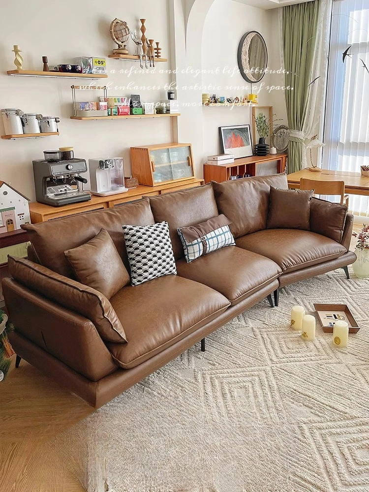 Extreme Italian light luxury leather sofa, living room home furniture, modern simple first-layer cowhide straight row brown sofa
