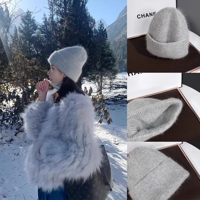 2024 Angora Knit Winter Hat For Womens Rabbit Fur Fluffy Knitted Beanies Korea Luxury Bonnet Female Soft  Warm Skullies Beanies