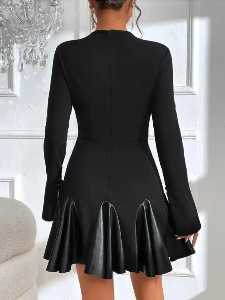 Women‘s New Fashion Half High Collar Club Dress Ladies Casual PU Leather Long Sleeve Party Patchwork Dress