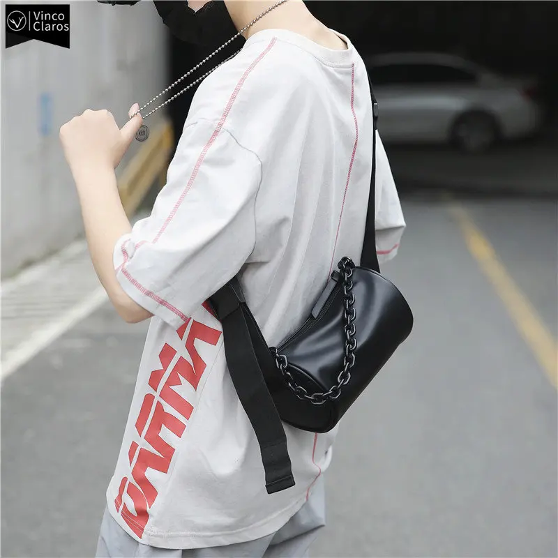 VC  Minimal Street Trend Men's Shoulder Bag Fashion Chains Barrel-shaped Sling Bag Soft PU Leather Small Crossbody Bags for Men