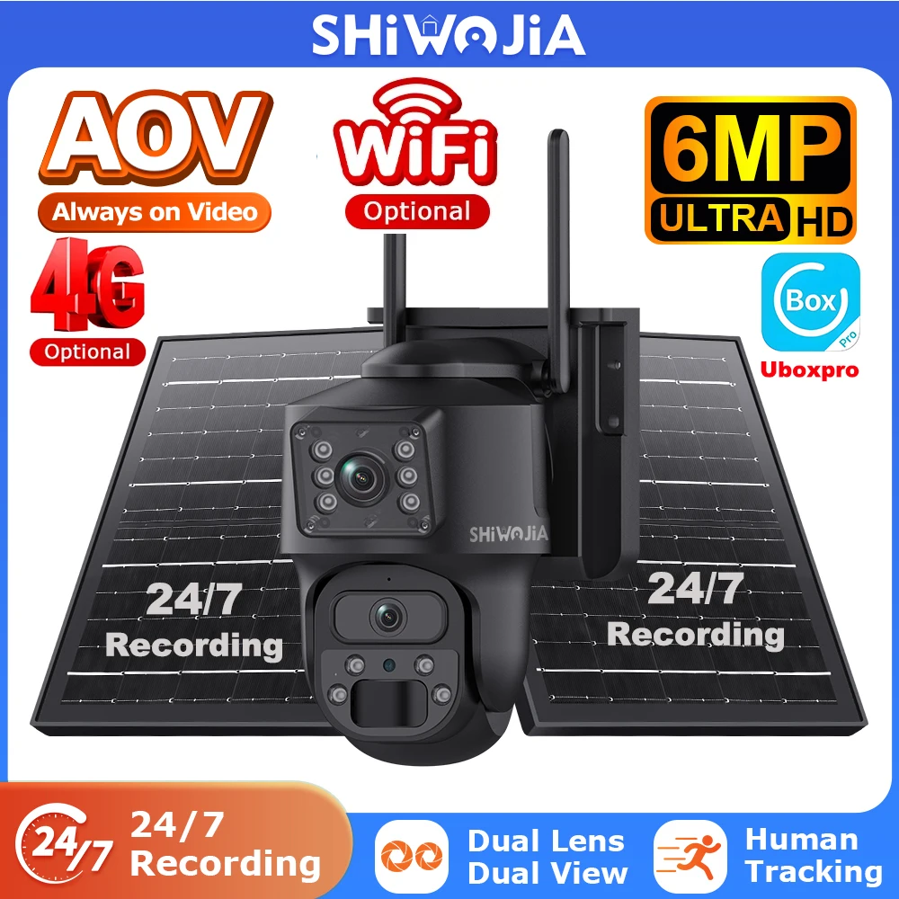 

SHIWOJIA 6MP WiFi Camera Security AOV 4G SIM 24/7 Video Recording Color Night Vision IP Camera Surveillance AI Motion Tracking