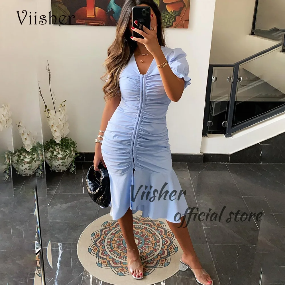 

Viisher Blue Pleats Satin Mermaid Evening Dresses Short Sleeve V Neck Arabic Prom Party Dress Tea Length Dubai Formal Gowns