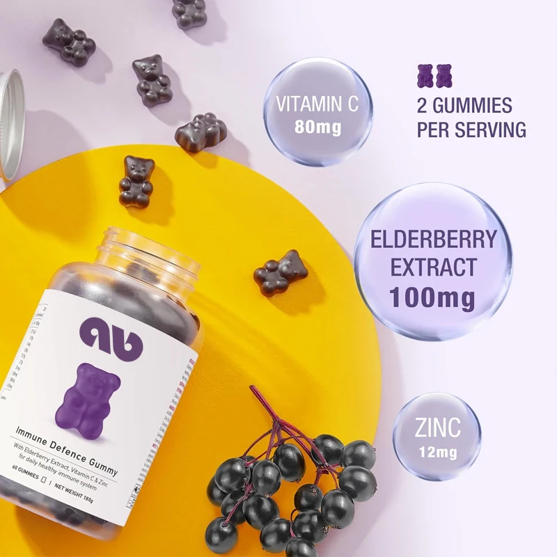 

Immune defense gummies, containing elderberry extract, vitamin C, zinc to promote immune system health and resist colds