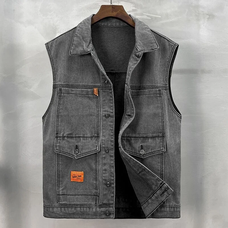 

Новинка 2024: Мужская джинсовая куртка свободного кроя, молодежная, модная, с множеством карманов, в стиле рабочей одежды, повседневная верхняя одежда, жилет-майка