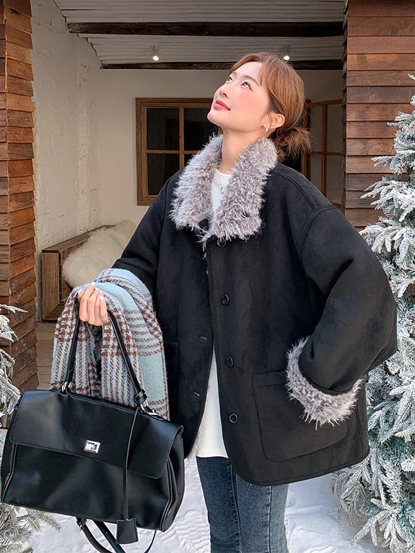เสื้อโค้ทผ้าฝ้ายอุ่นสบายแบบลำลองสำหรับผู้หญิง แบรนด์ Bla แบบสองด้าน ใช้ขนแกะ แต่งหนังและขนสัตว์ สไตล์ฝรั่งเศส