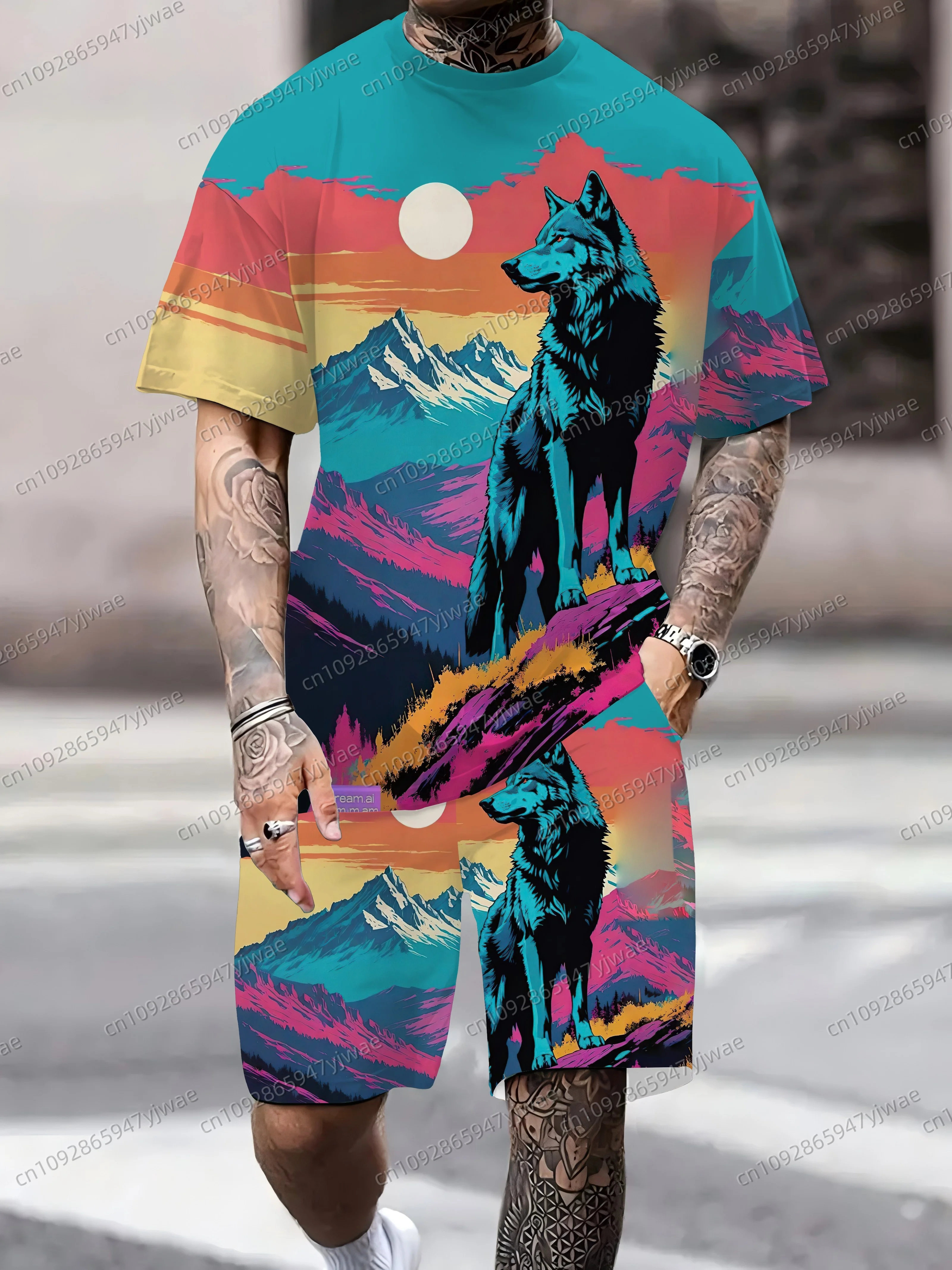 

Summer Men's Tiger Print Short Sleeve T-Shirt & Shorts Set Round Neck Gradient Short Sleeved Women's T-shirt Shorts Set